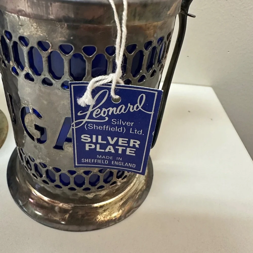 Leonard Silver Sheffield Cobalt Blue Glass Tea Coffee Sugar Canister Set 3pc